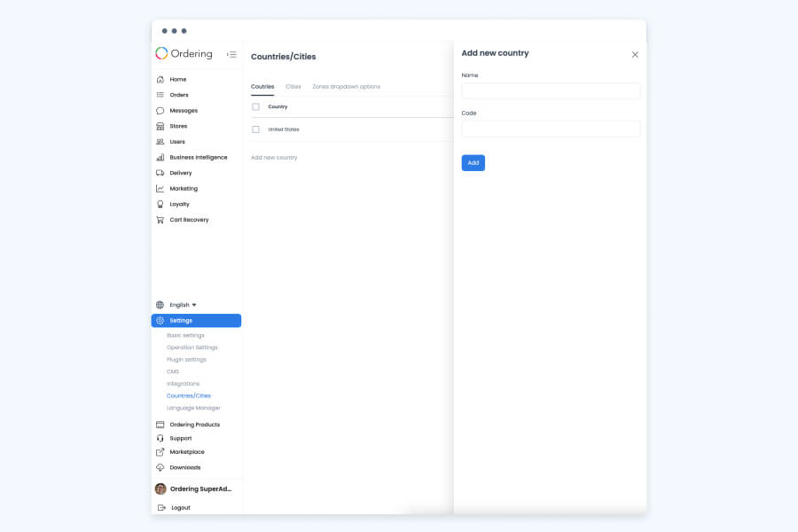 Ordering.co Feature Country's, Cities & Dropdown